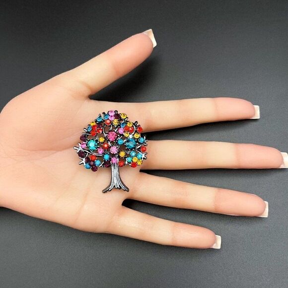 Gunmetal Gray with Multicolored Crystal Blooming Tree Pin Back Brooch - Picture 9 of 9